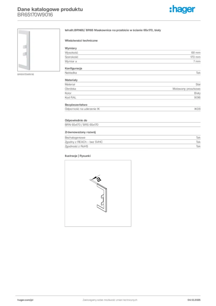Zdjęcie Hager Dane katalogowe produktu BR65170W9016 | Hager Polska