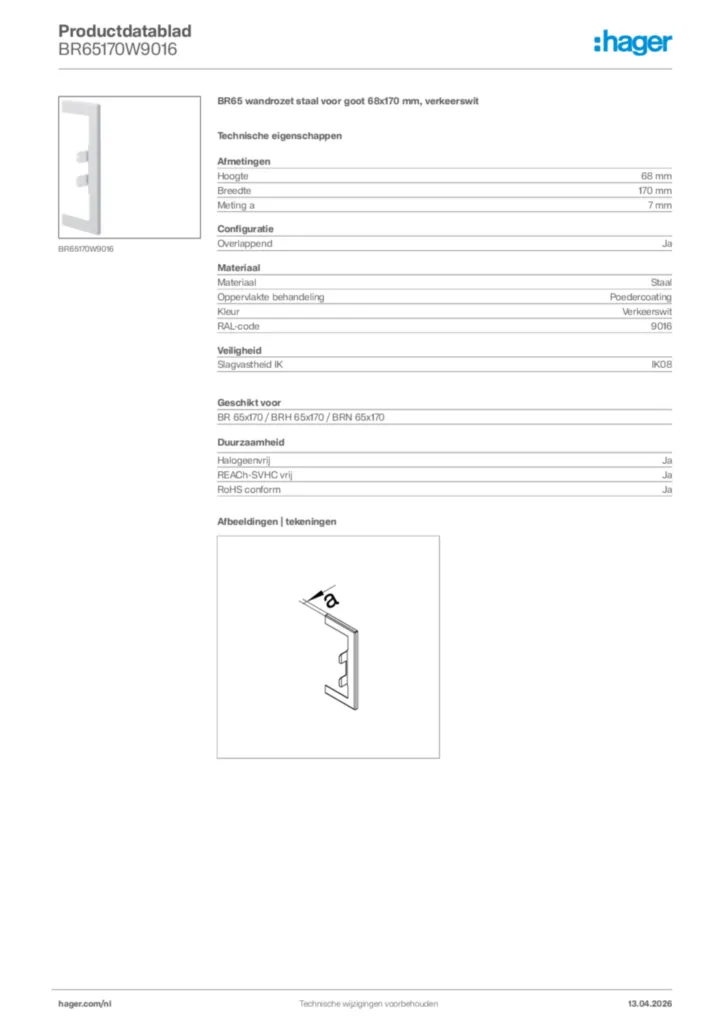 Afbeelding Hager Productdatablad BR65170W9016 | Hager Nederland