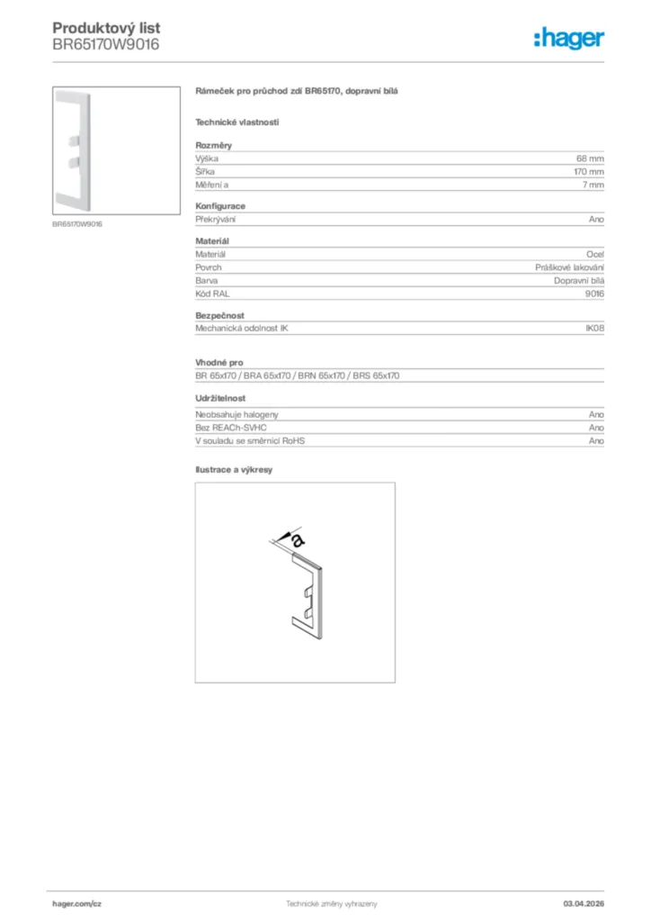 Obrázek Hager Product data sheet BR65170W9016 | Hager