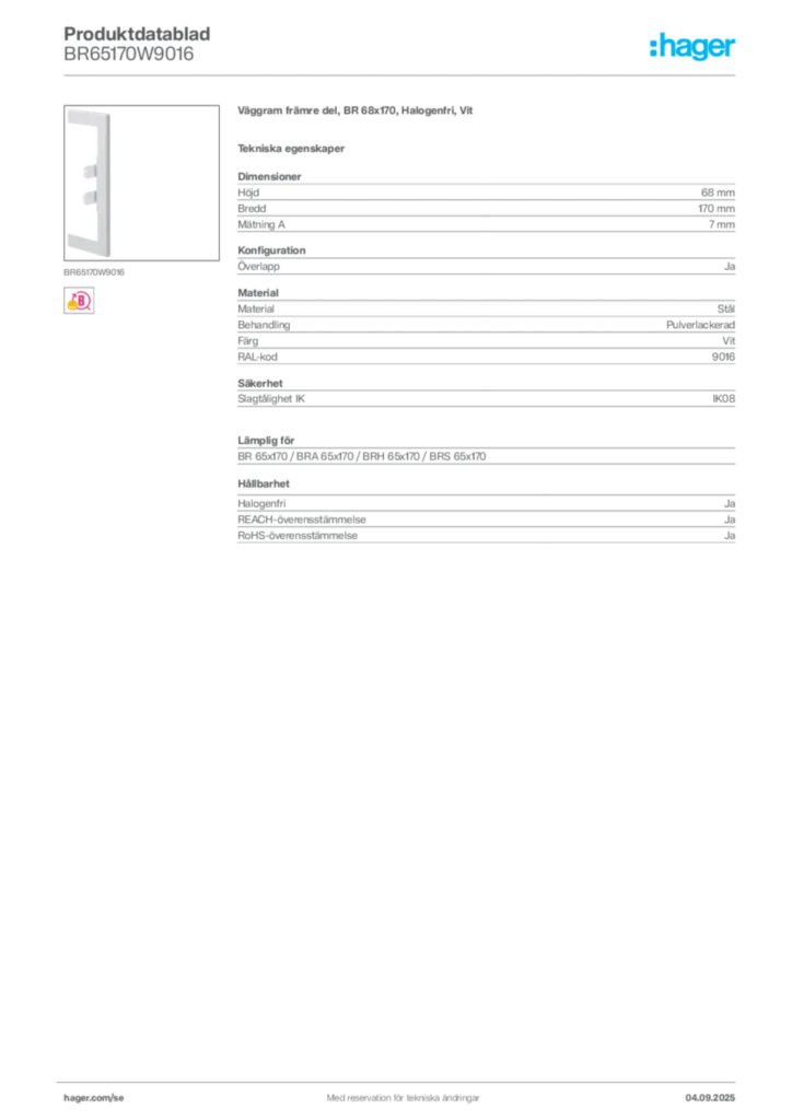 Bild Hager Produktdatablad BR65170W9016 | Hager Sverige