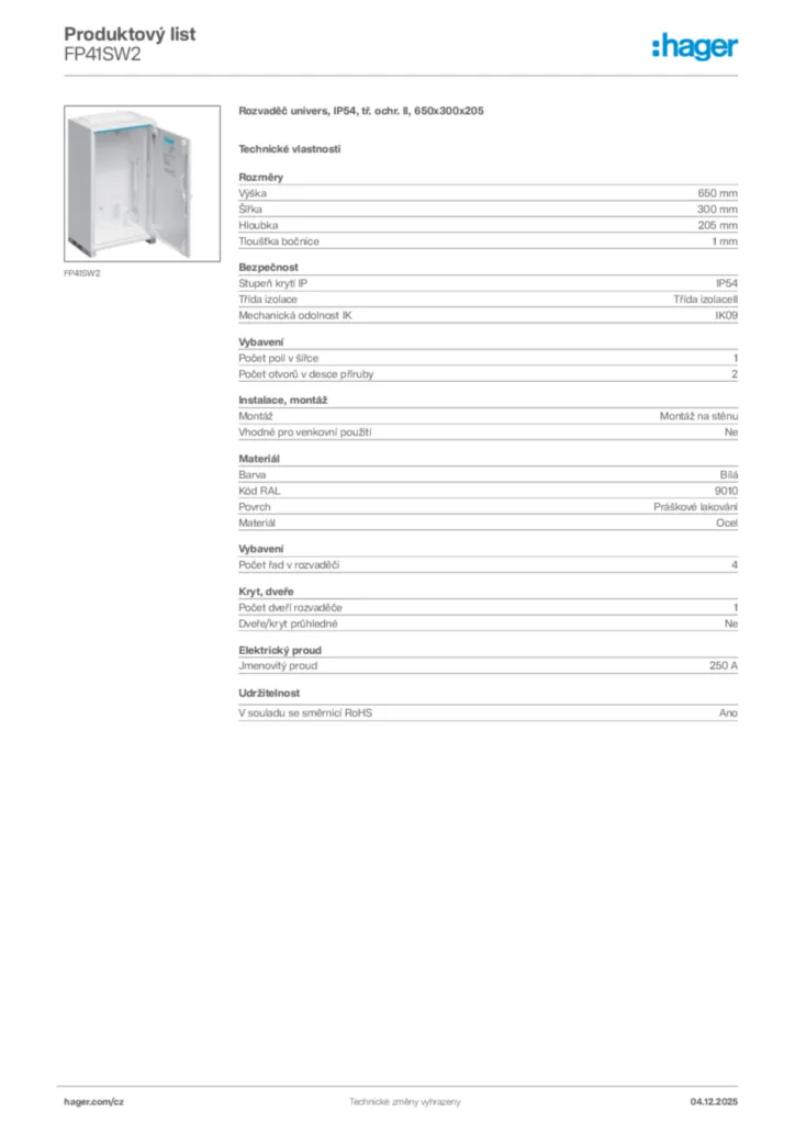 Obrázek Hager Product data sheet FP41SW2 | Hager