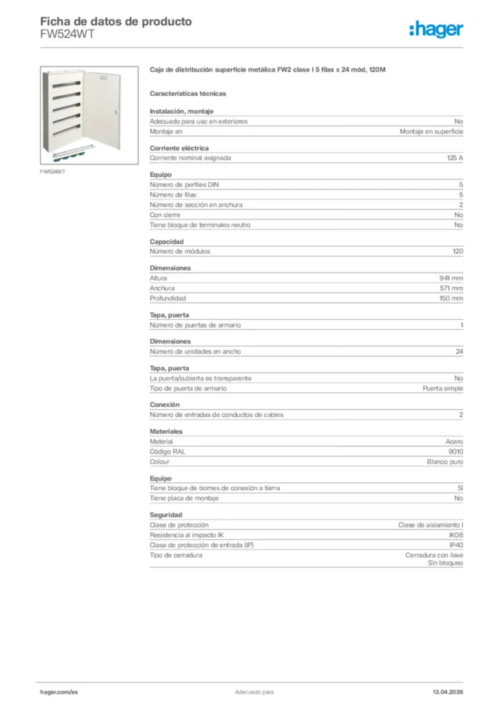Imagen Hager Ficha de datos de producto FW524WT | Hager España