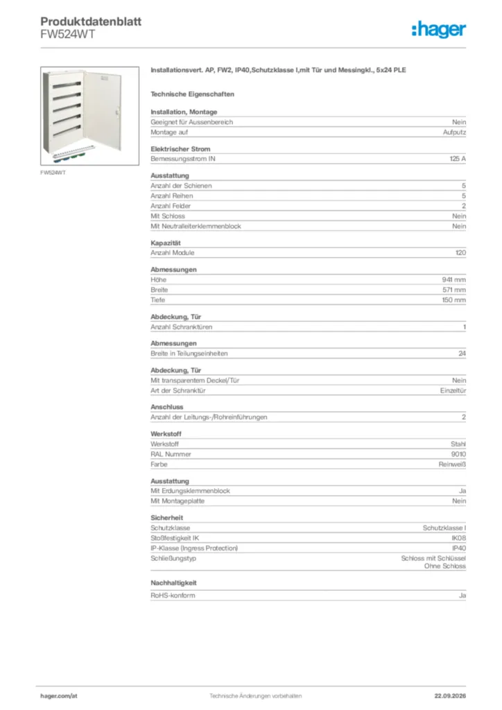 Bild Hager Produktdatenblatt FW524WT | Hager Deutschland