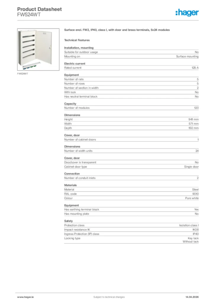 Image Hager Product data sheet FW524WT  | Hager
