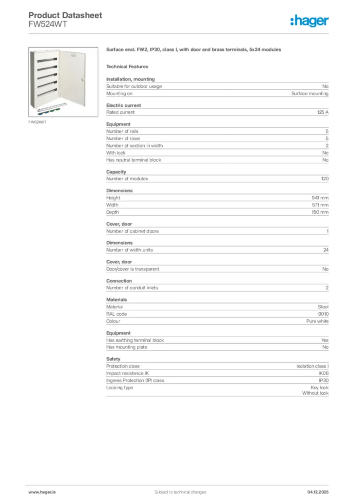 Image Hager Product data sheet FW524WT  | Hager