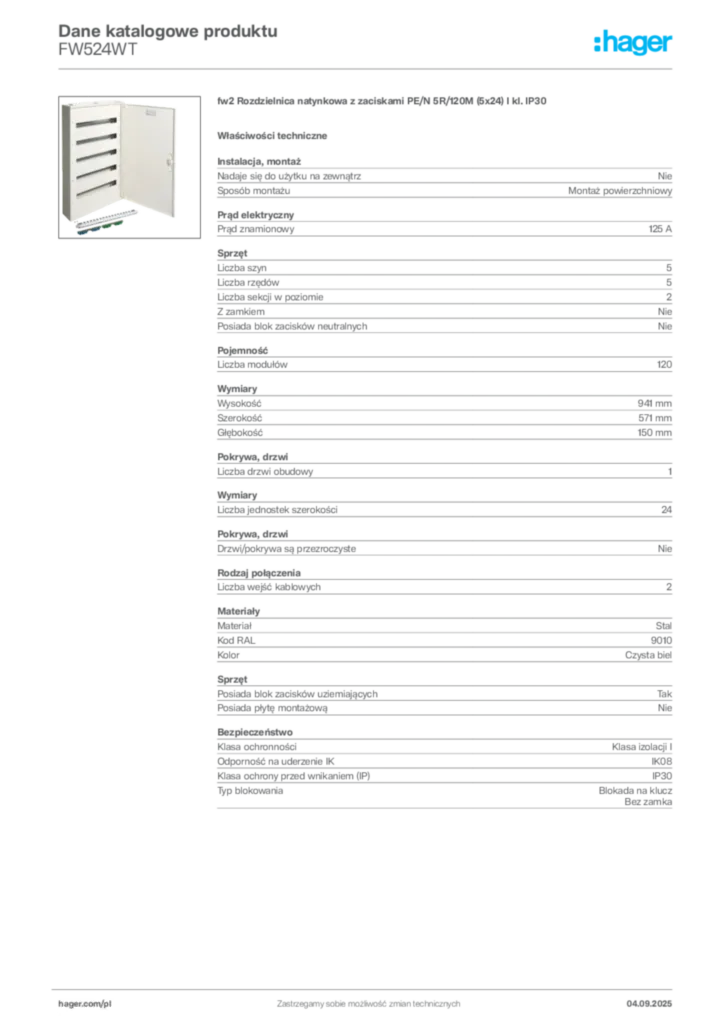Zdjęcie Hager Dane katalogowe produktu FW524WT | Hager Polska
