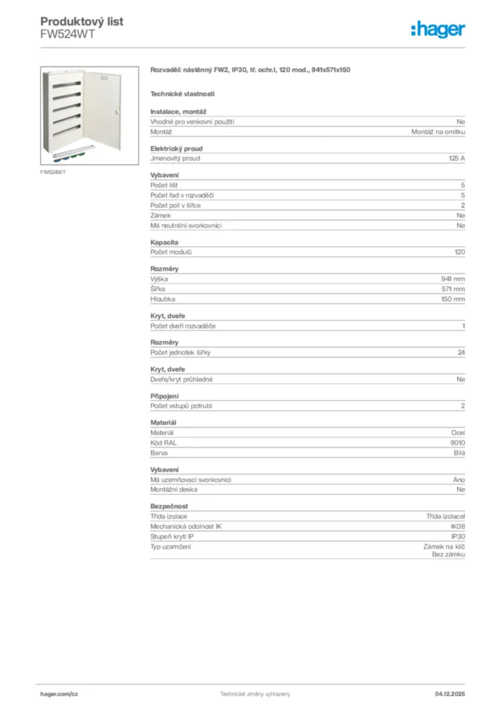 Obrázek Hager Produktový list FW524WT | Hager
