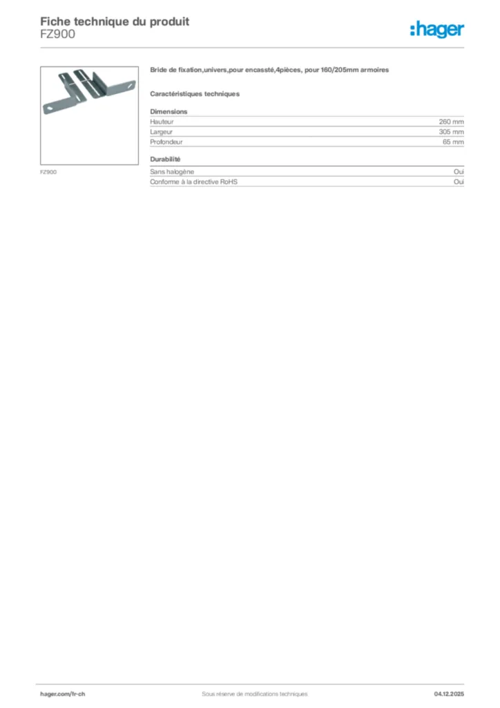 Image Hager Fiche technique du produit FZ900 | Hager Suisse
