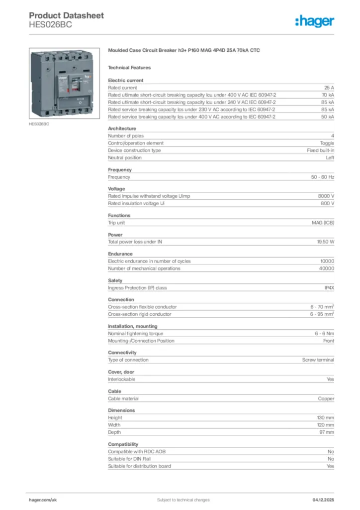 Image Hager Product data sheet HES026BC  | Hager