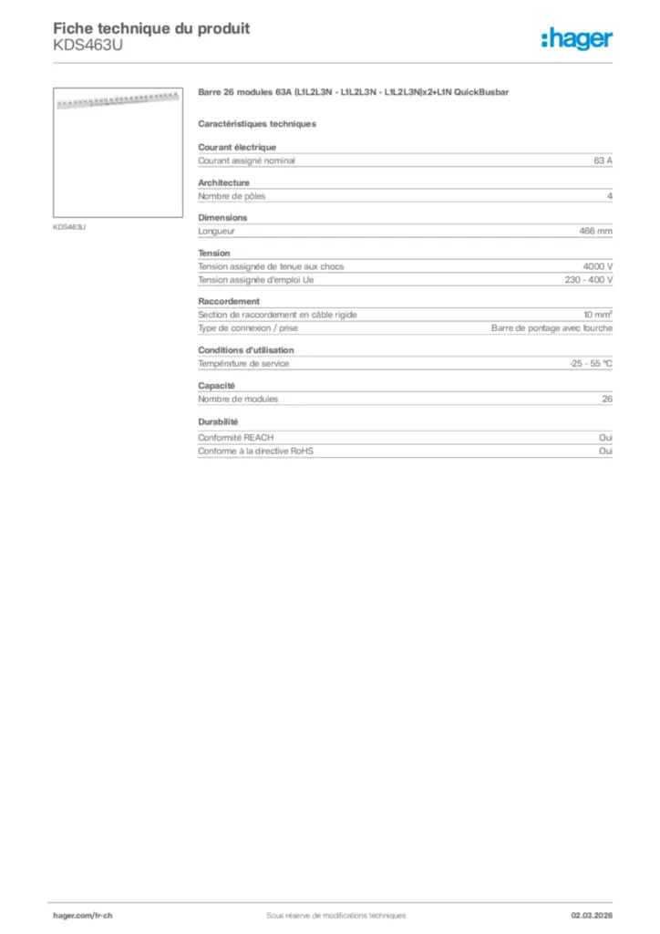 Image Hager Fiche technique du produit KDS463U | Hager Suisse