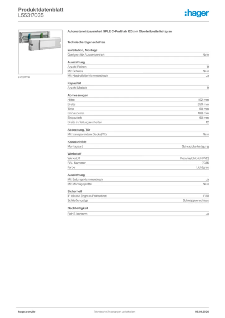 Bild Hager Produktdatenblatt L55317035 | Hager Deutschland