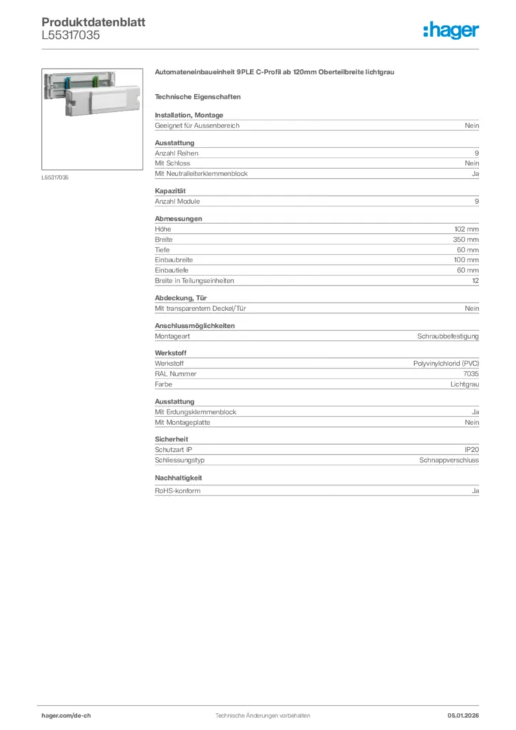Bild Hager Produktdatenblatt L55317035 | Hager Schweiz