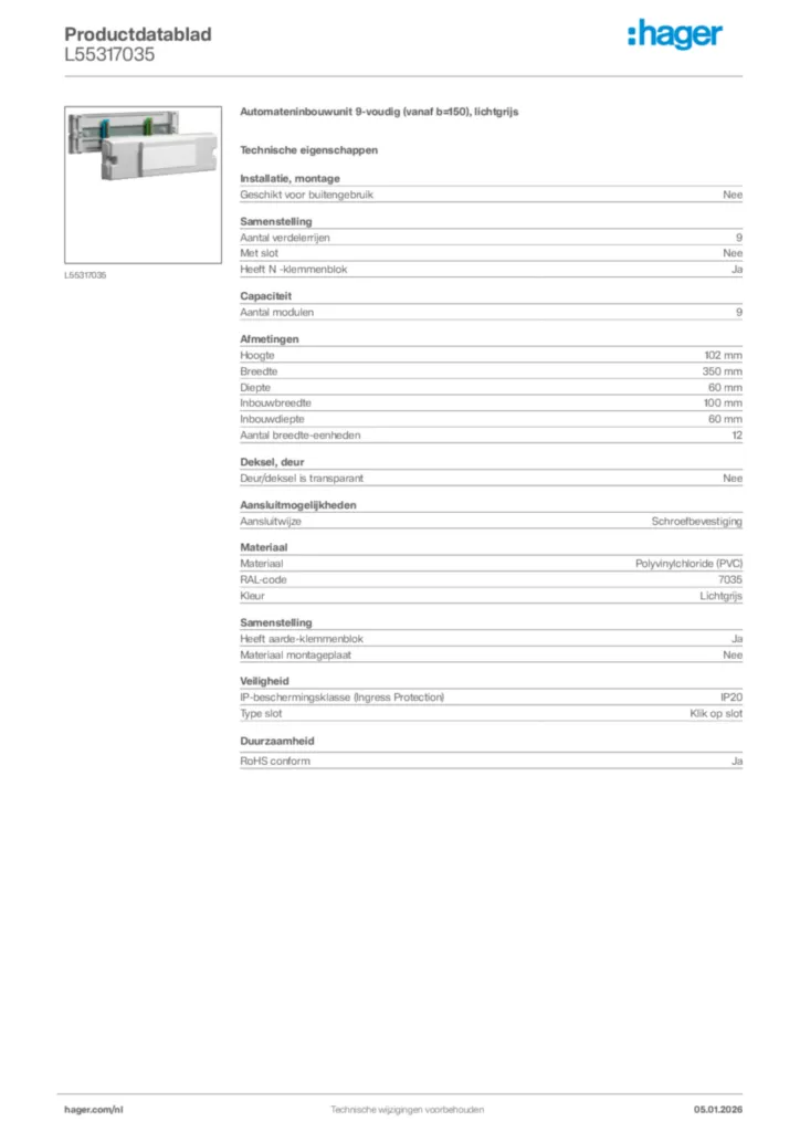 Afbeelding Hager Productdatablad L55317035 | Hager Nederland