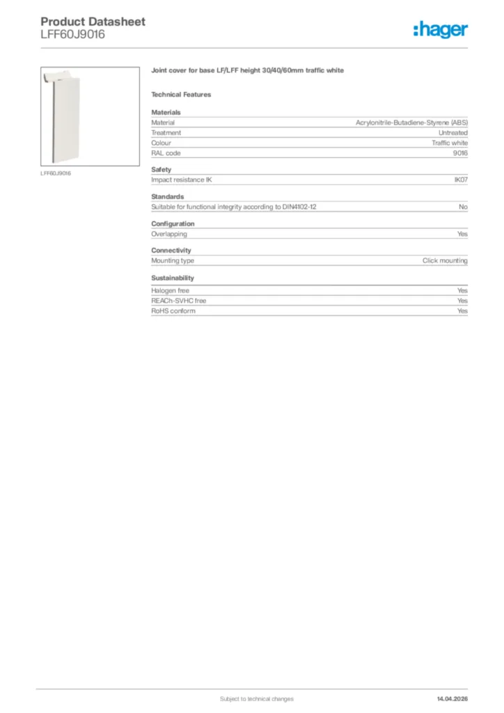 Image Hager Product data sheet LFF60J9016  | Hager Africa