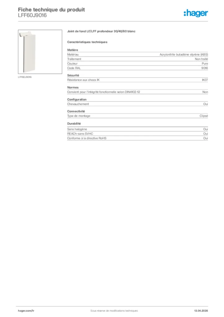 Image Hager Fiche technique du produit LFF60J9016 | Hager France
