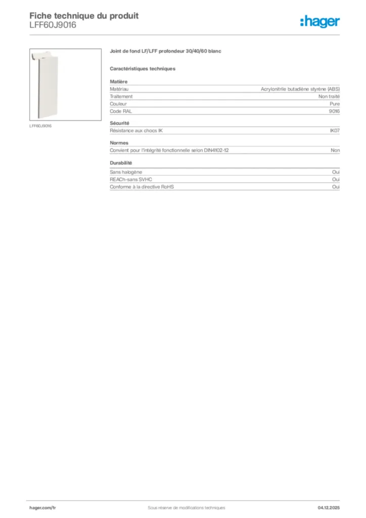 Image Hager Fiche technique du produit LFF60J9016 | Hager France