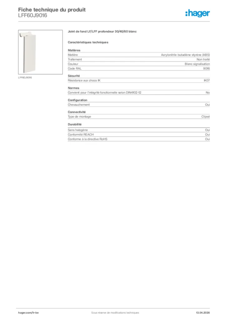 Image Hager Fiche technique du produit LFF60J9016 | Hager Belgique