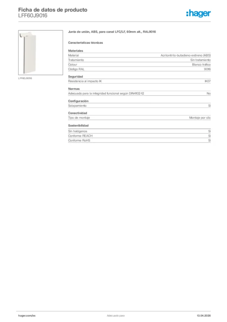 Imagen Hager Ficha de datos de producto LFF60J9016 | Hager España