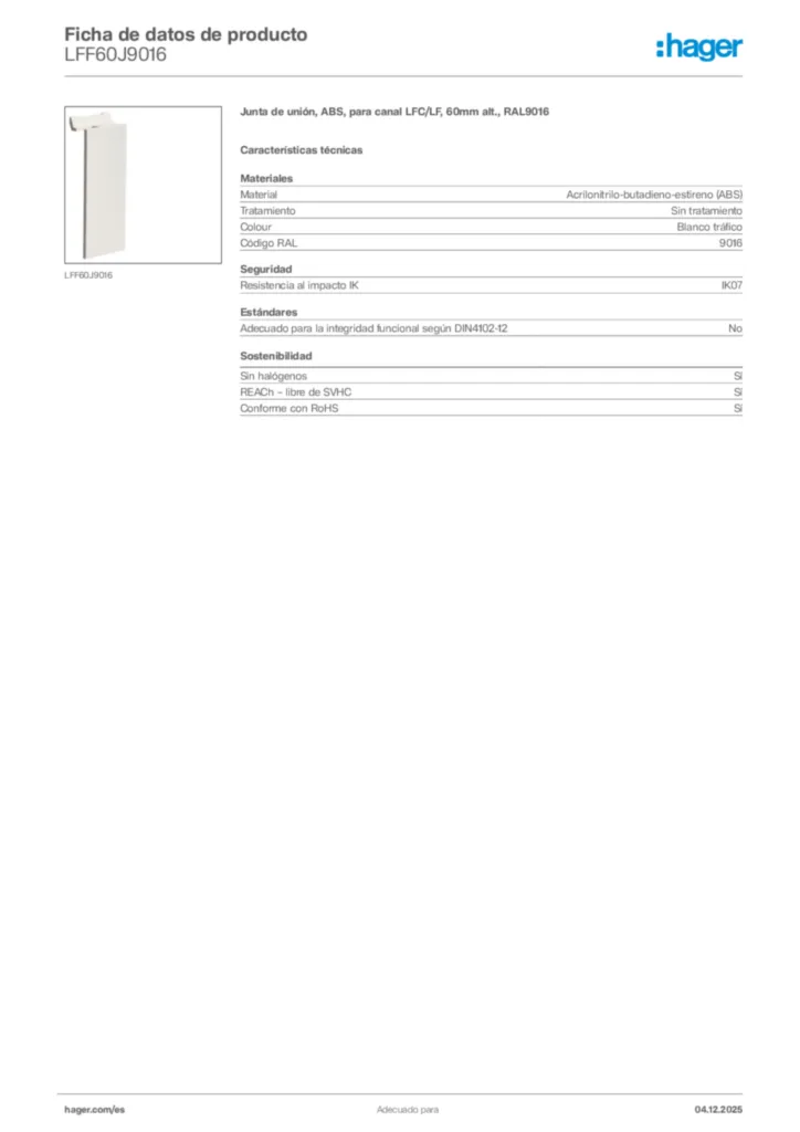 Imagen Hager Ficha de datos de producto LFF60J9016 | Hager España