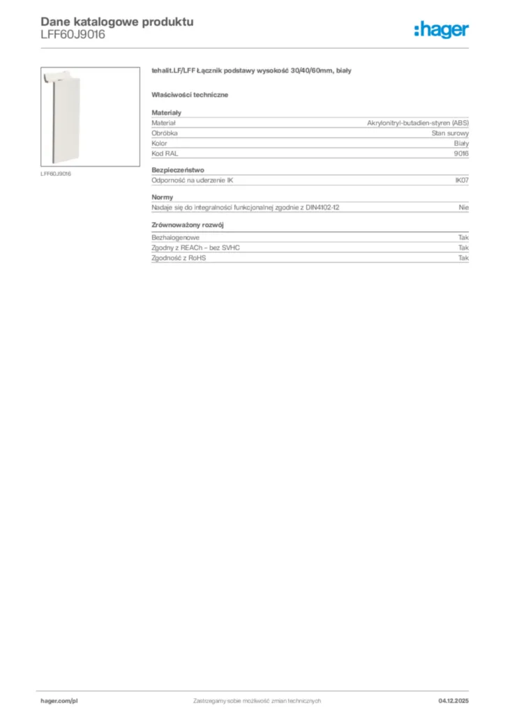 Zdjęcie Hager Dane katalogowe produktu LFF60J9016 | Hager Polska