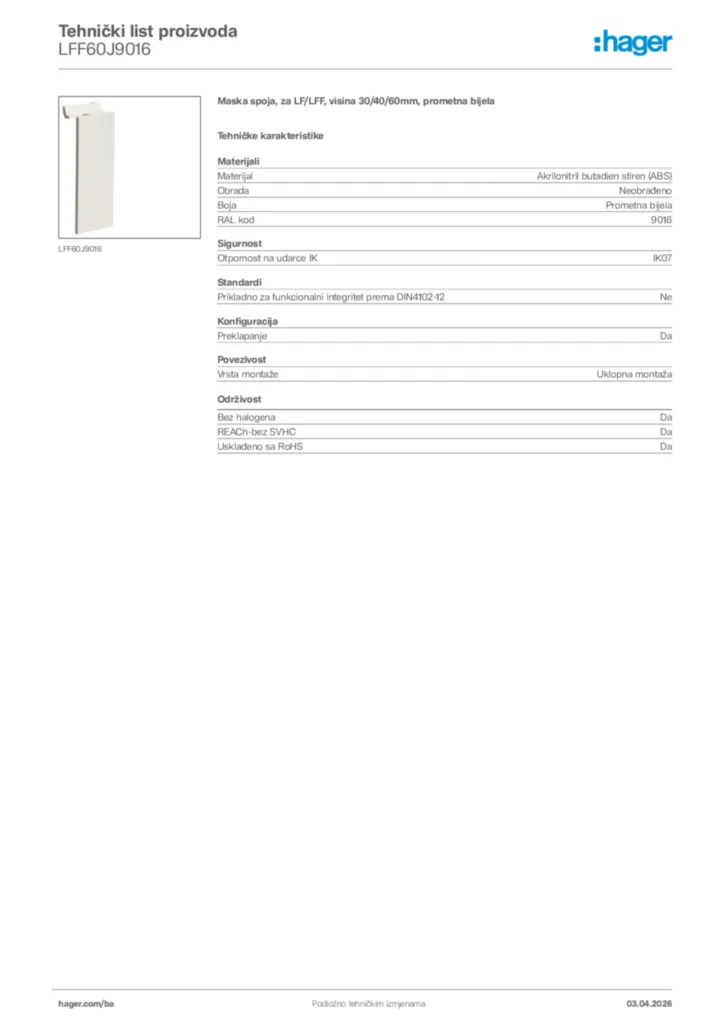 Slika Hager Tehnički list proizvoda LFF60J9016  | Hager