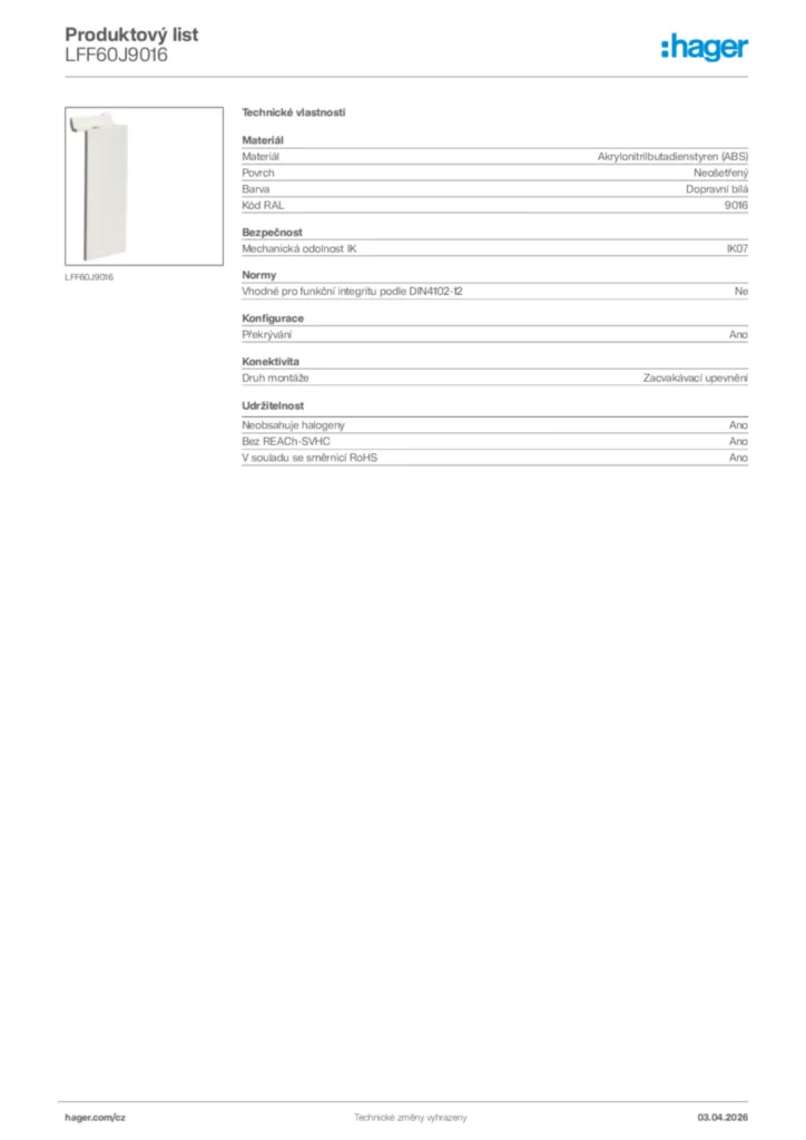 Obrázek Hager Product data sheet LFF60J9016 | Hager