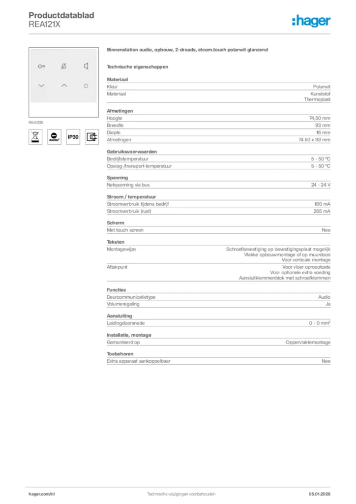 Afbeelding Hager Productdatablad REA121X | Hager Nederland