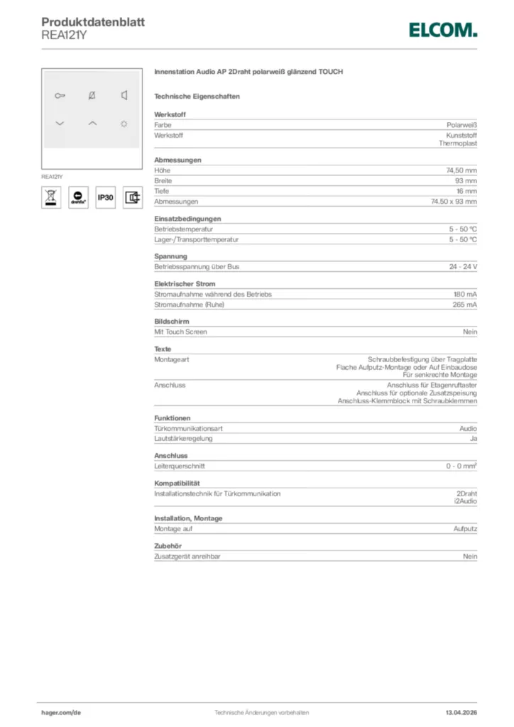 Bild Elcom Produktdatenblatt REA121Y | Hager Deutschland