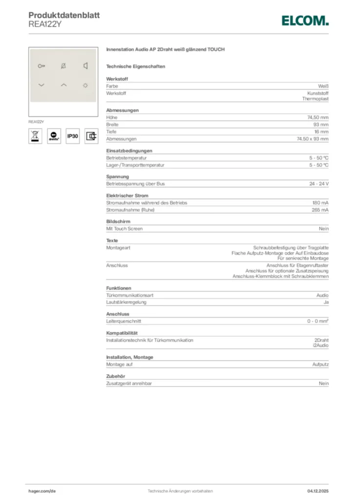Bild Elcom Produktdatenblatt REA122Y | Hager Deutschland