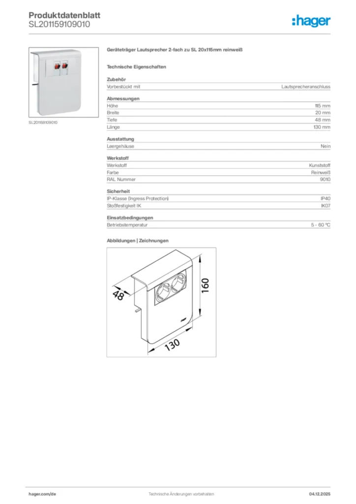 Bild Hager Produktdatenblatt SL201159109010 | Hager Deutschland