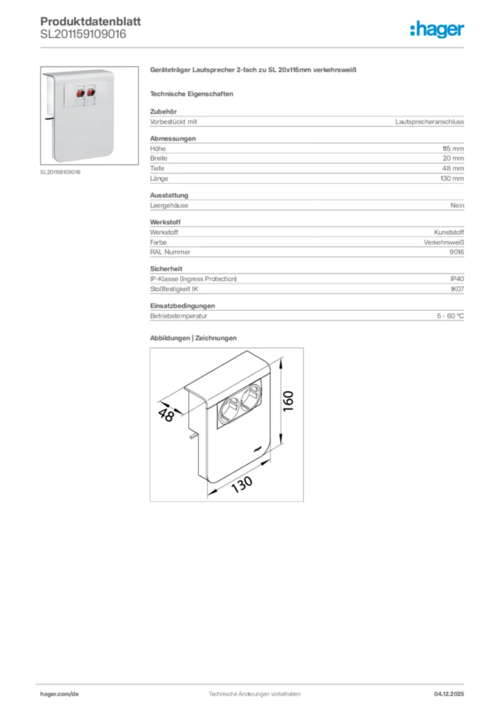 Bild Hager Produktdatenblatt SL201159109016 | Hager Deutschland