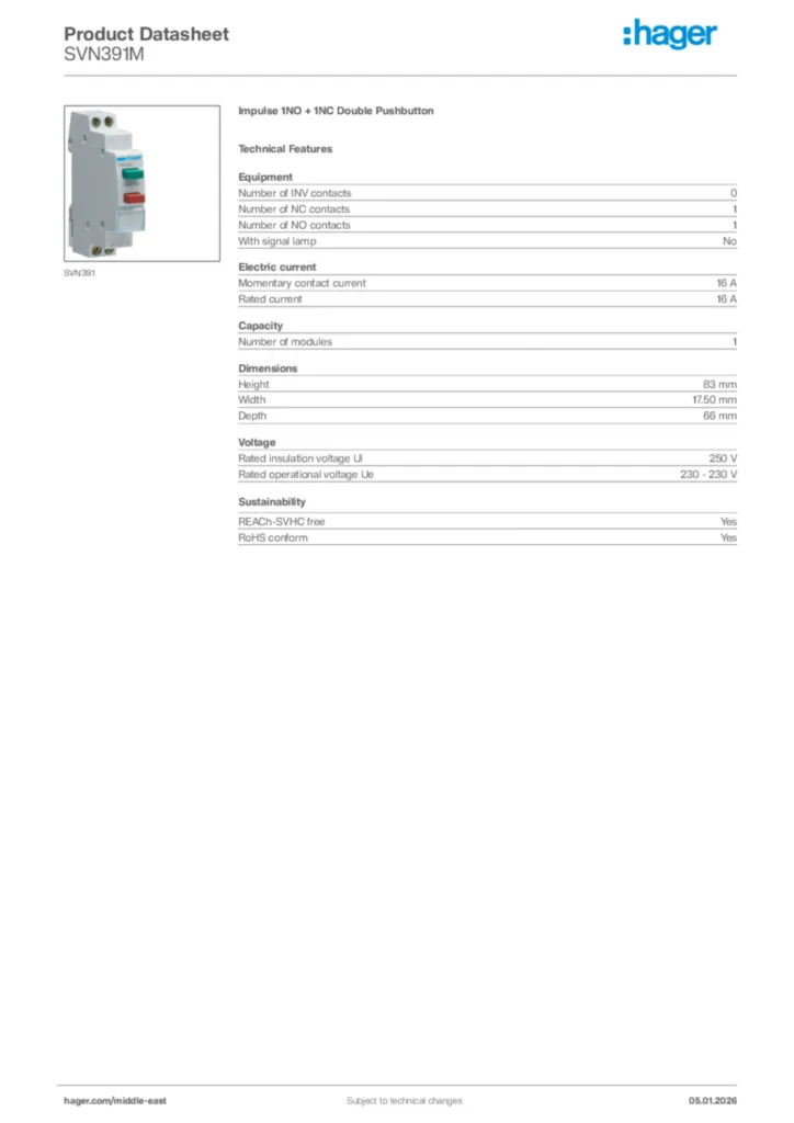 Image Hager Product data sheet SVN391M  | Hager