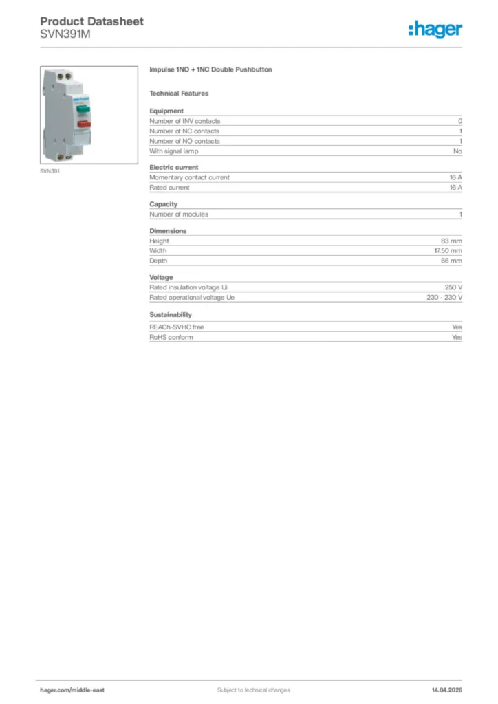 Image Hager Product data sheet SVN391M  | Hager