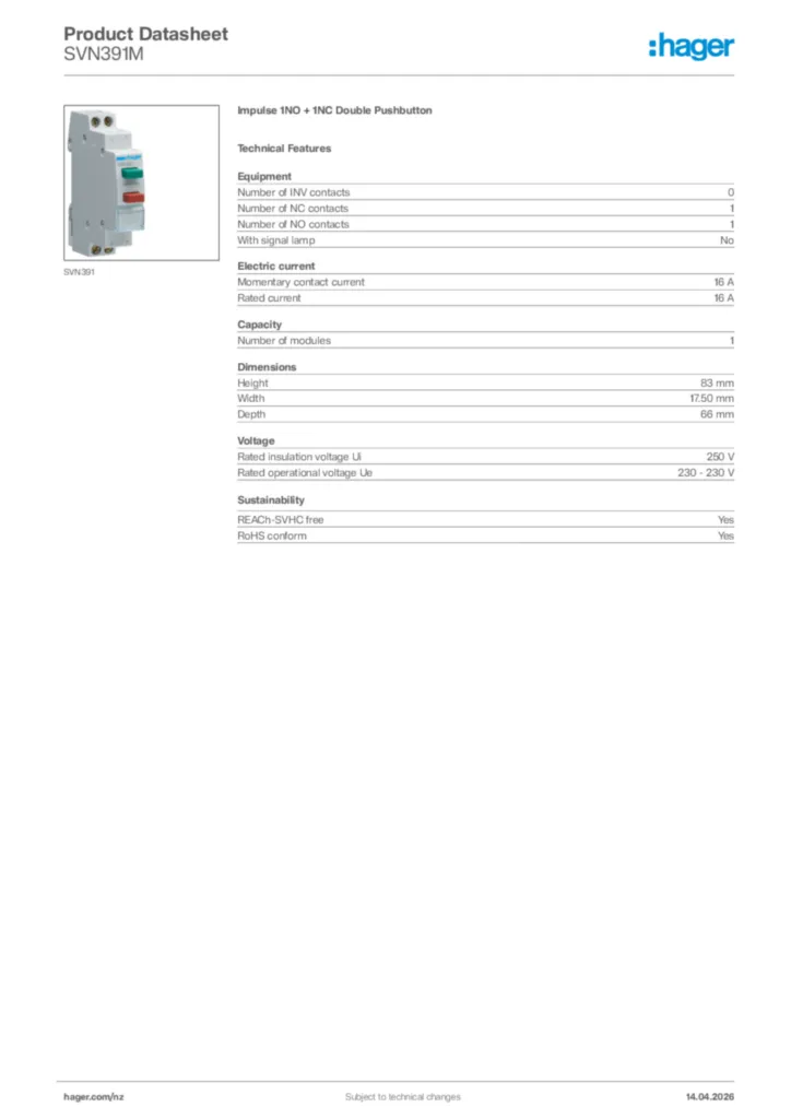 Image Hager Product data sheet SVN391M  | Hager New Zealand