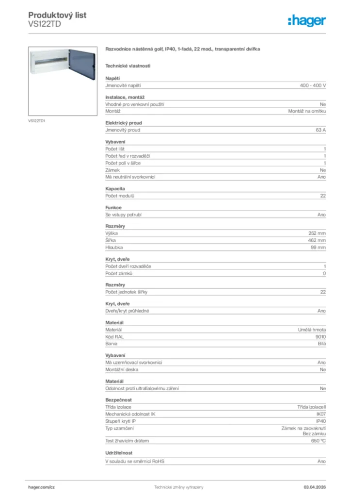Obrázek Hager Product data sheet VS122TD | Hager