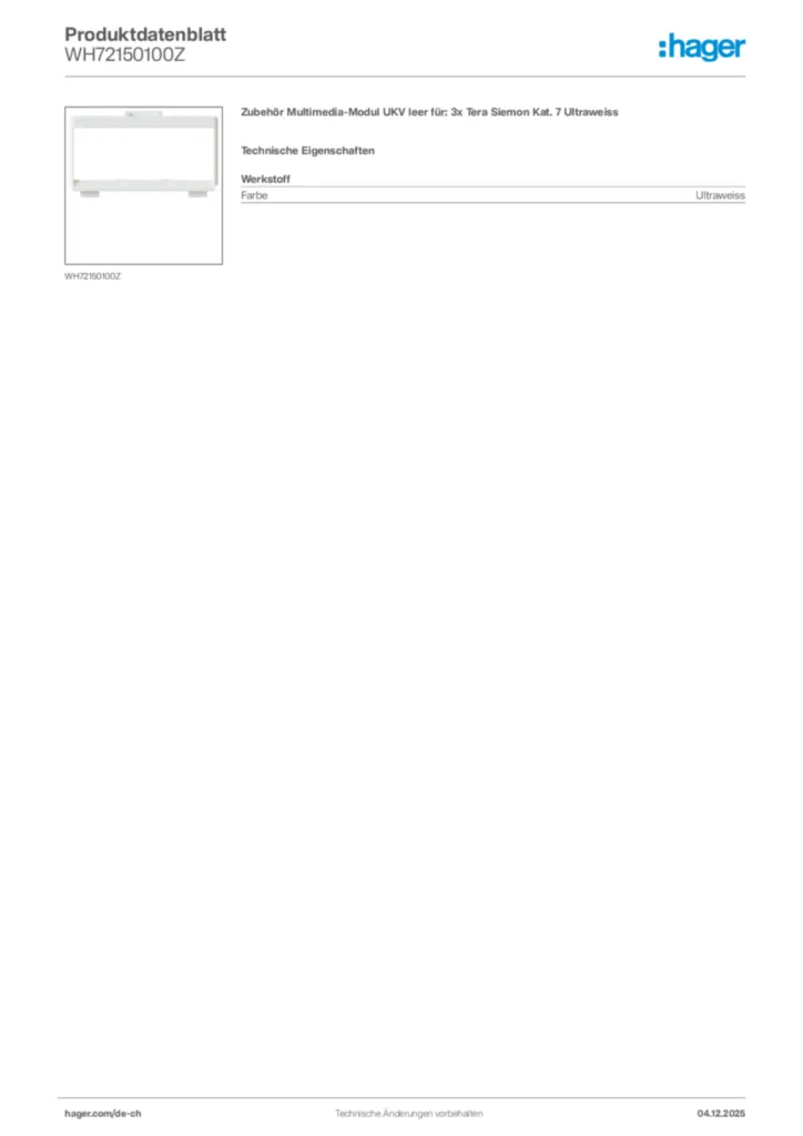Bild Hager Produktdatenblatt WH72150100Z | Hager Schweiz