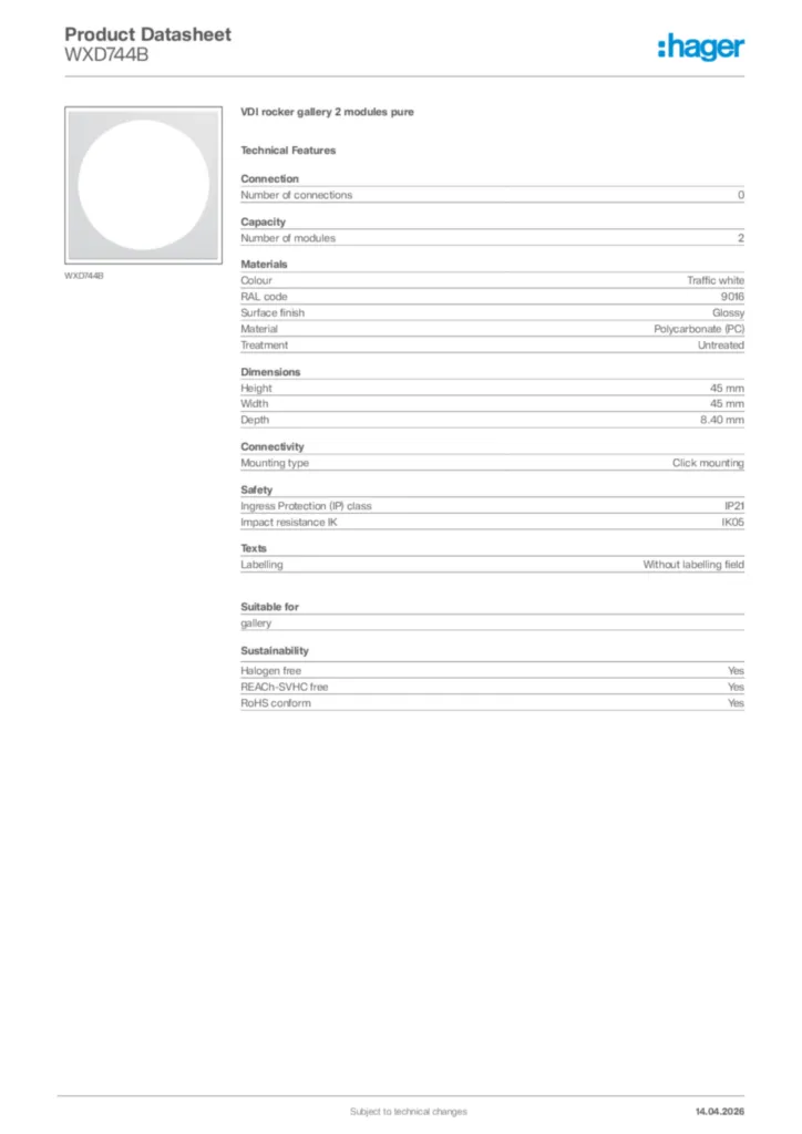 Image Hager Product data sheet WXD744B  | Hager Africa