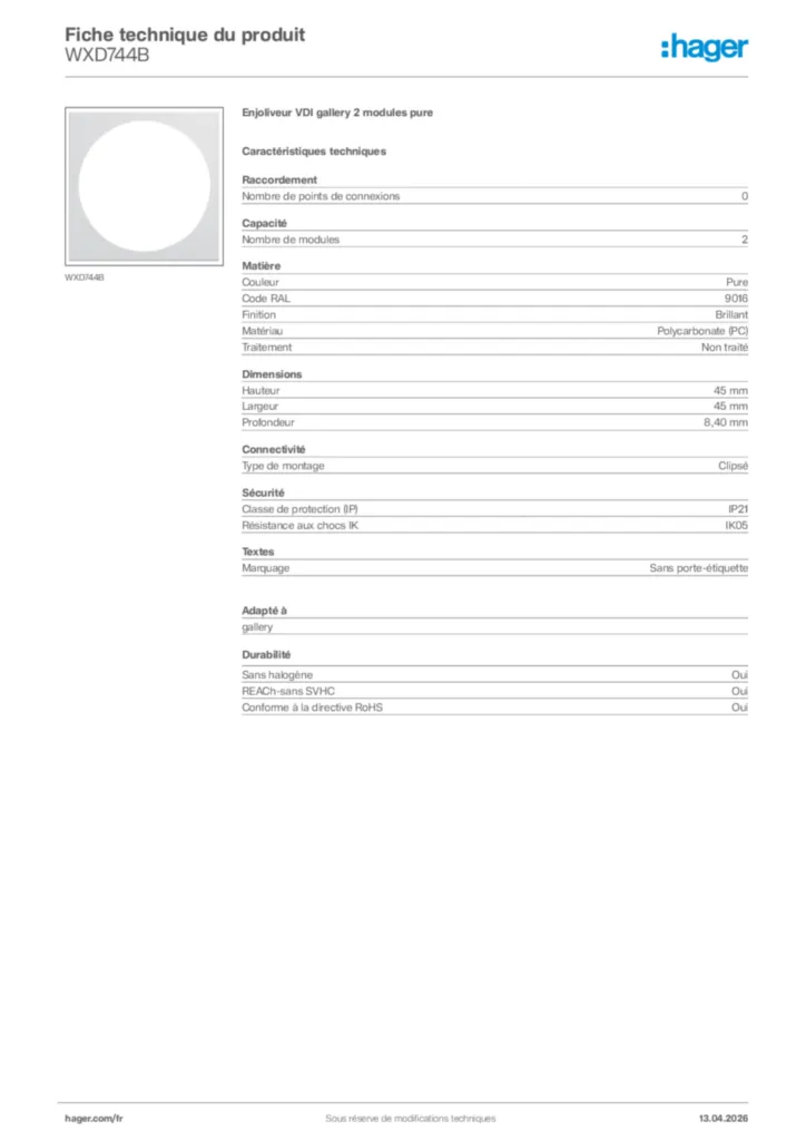 Image Hager Fiche technique du produit WXD744B | Hager France