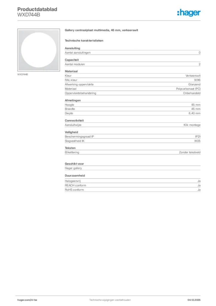 Afbeelding Hager Productdatablad WXD744B | Hager Belgium