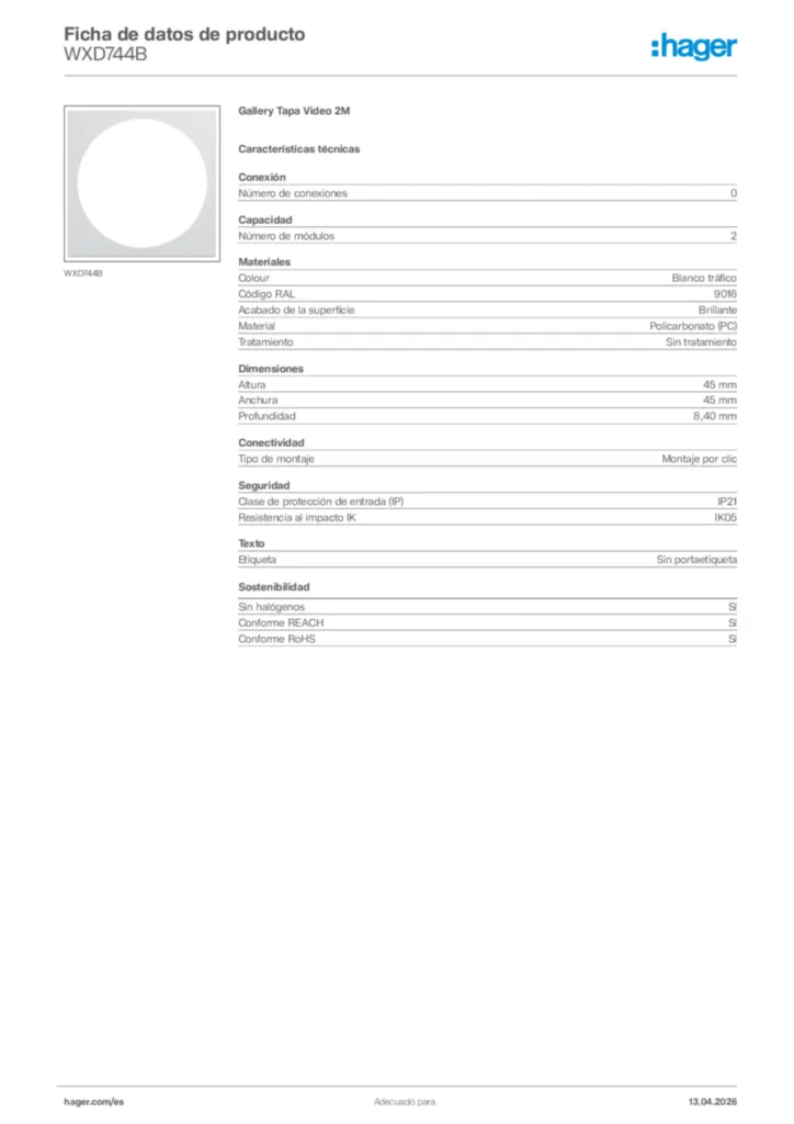 Imagen Hager Ficha de datos de producto WXD744B | Hager España