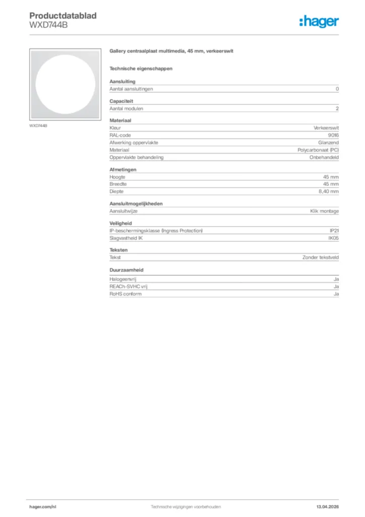 Afbeelding Hager Productdatablad WXD744B | Hager Nederland