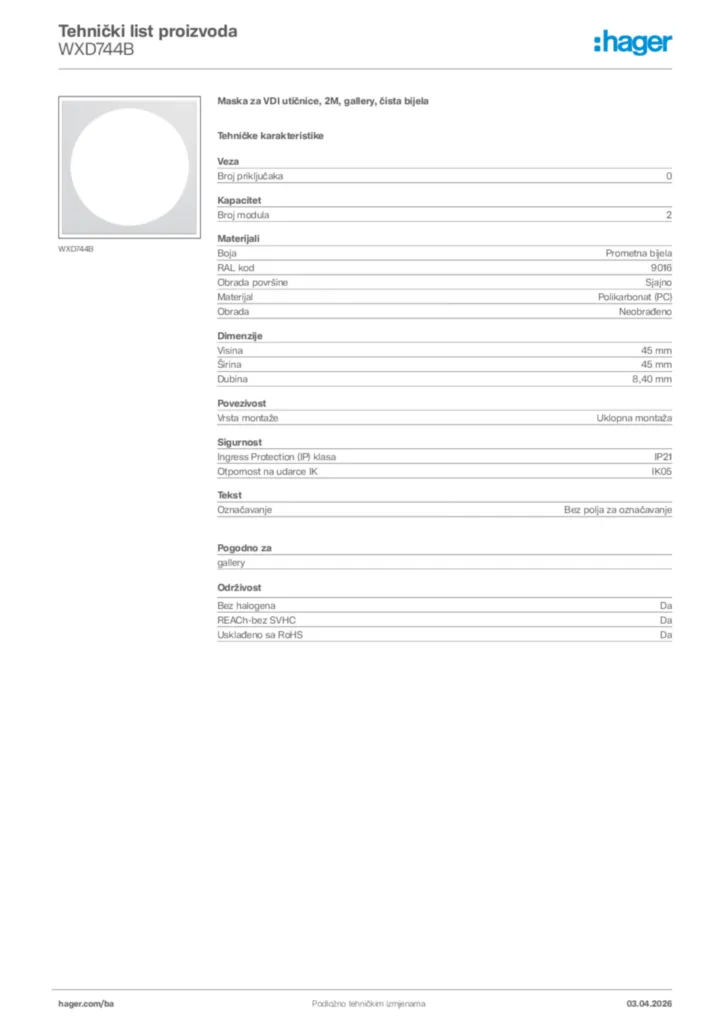 Slika Hager Tehnički list proizvoda WXD744B  | Hager