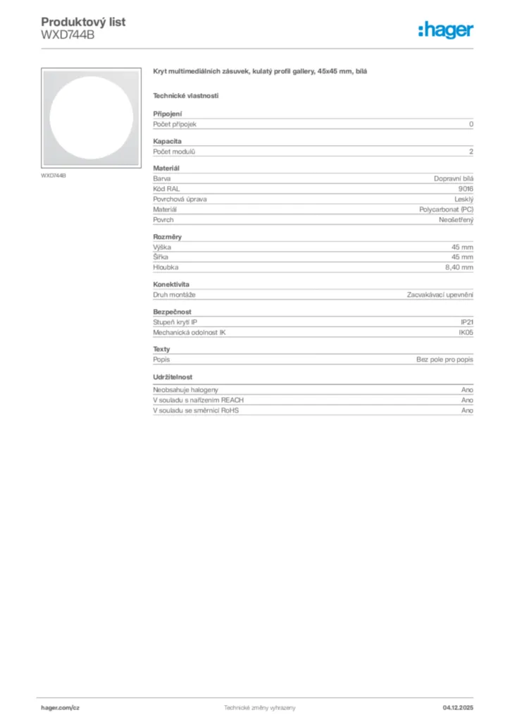 Obrázek Hager Product data sheet WXD744B | Hager