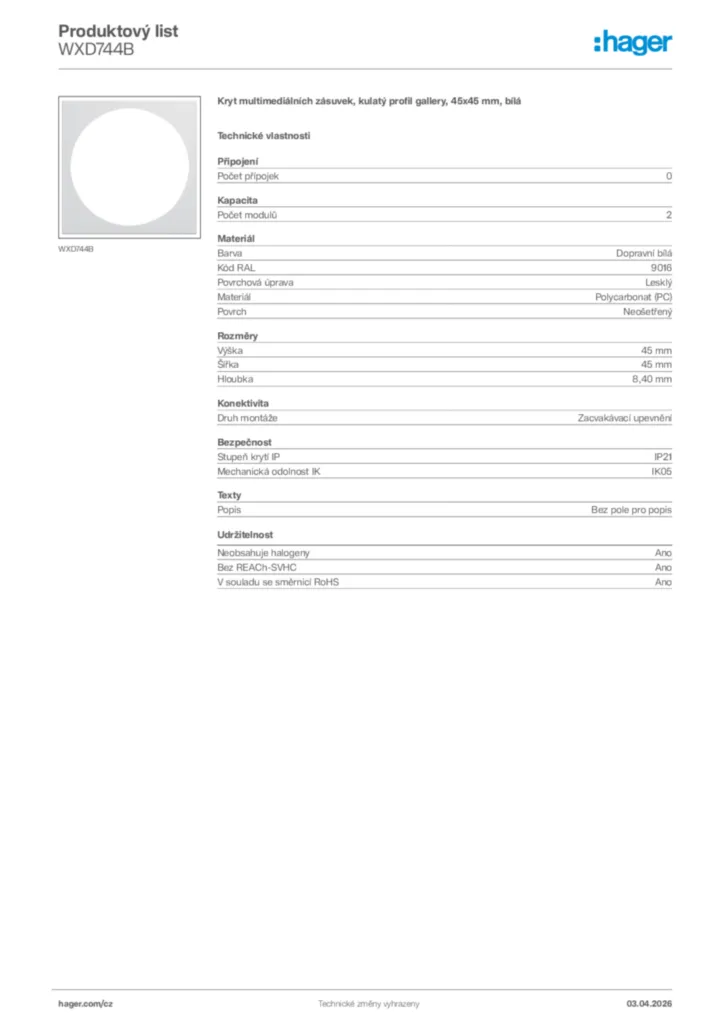 Obrázek Hager Product data sheet WXD744B | Hager