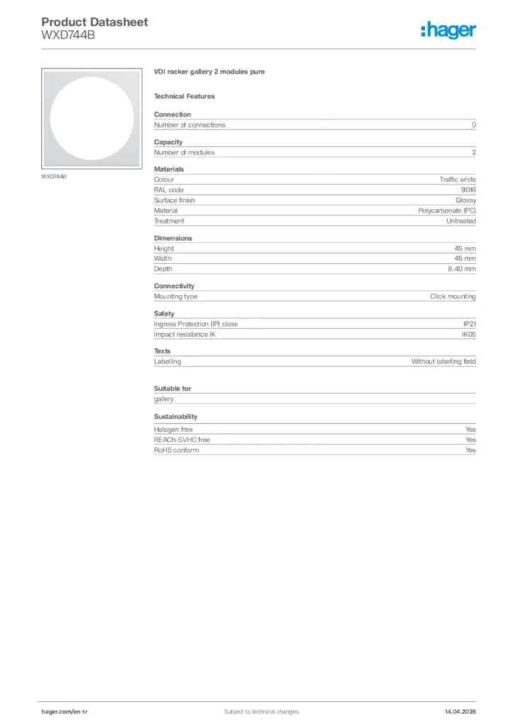 Image Hager Product data sheet WXD744B  | Hager