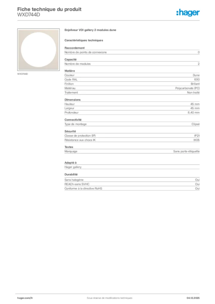 Image Hager Fiche technique du produit WXD744D | Hager France