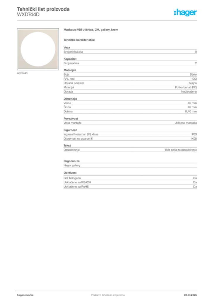 Slika Hager Product data sheet WXD744D  | Hager