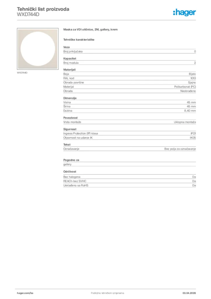 Slika Hager Tehnički list proizvoda WXD744D  | Hager