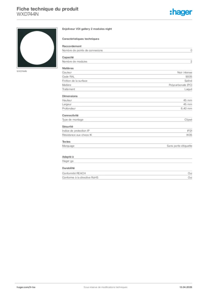 Image Hager Fiche technique du produit WXD744N | Hager Belgique