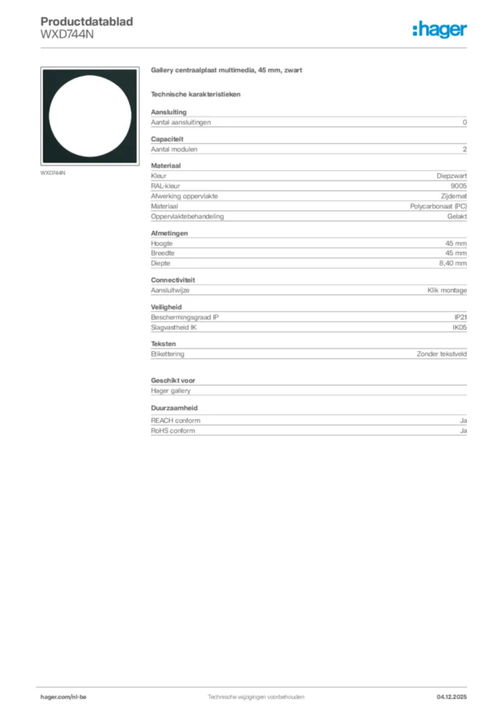 Afbeelding Hager Productdatablad WXD744N | Hager Belgium